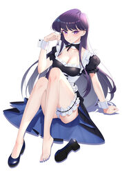  absurdres apron bare_legs barefoot black_dress black_eyes black_hair blue_footwear blush breasts cleavage collarbone dress feet female full_body garter_belt hand_up highres knees_up komi-san_wa_komyushou_desu komi_shouko large_breasts legs lijiahao5103 long_hair looking_at_viewer maid maid_apron parted_lips pink_nails puffy_short_sleeves puffy_sleeves shoes short_sleeves simple_background single_shoe sitting solo toenails toes unworn_shoes white_background white_wrist_cuffs wrist_cuffs 