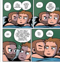  2boys bara beard beard_stubble bed_sheet blush bryan_lee_o&#039;malley_(style) closed_eyes couple cuddling english_text eye_contact facial_hair forked_eyebrows full_beard happy highres joseph_(scott_pilgrim) kissing kissing_cheek long_sideburns looking_at_another male_focus multiple_boys naked_sheet notice_lines null_(mr_not_null) official_style on_bed scott_pilgrim_(series) scott_pilgrim_takes_off short_hair sideburns smile sparse_stubble stephen_stills stubble thick_beard thick_eyebrows v-shaped_eyebrows yaoi 