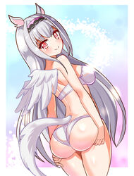  angel_wings animal_ears ass ass_support back bikini breasts closed_mouth commentary commission cougar_(cougar1404) cowboy_shot dutch_angle female from_behind grey_hair hairband long_hair looking_at_viewer looking_back medium_breasts original pink_eyes purple_hairband smile solo standing star-shaped_pupils star_(symbol) swimsuit symbol-shaped_pupils tail very_long_hair white_bikini white_wings wings 