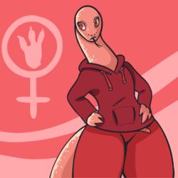  1:1 2019 anthro bald belt bottomwear breasts clothed clothing daatra_(dragon_romance) deer_(artist) digital_media_(artwork) dragon_romance eyelashes female female_symbol forked_tongue fully_clothed gender_symbol hands_on_hips hi_res hoodie long_neck medium_breasts pants pink_background pockets portrait red_bottomwear red_clothing red_eyes red_hoodie red_pants red_topwear reptile scales scalie simple_background snake solo standing symbol tail tan_body tan_scales three-quarter_portrait three-quarter_view tongue tongue_out topwear women&#039;s_day 