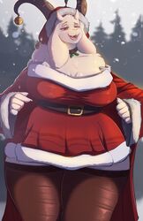  2023 5_fingers absurd_res anthro ardail bare_shoulders bell belt big_breasts boss_monster_(undertale) bovid breasts caprine choker christmas christmas_clothing christmas_headwear cleavage clothed clothing curvy_figure eyebrows eyelashes female fingers floppy_ears fur goat half-closed_eyes hat headgear headwear hi_res holidays horn huge_breasts jewelry legs_together legwear mammal mature_female narrowed_eyes necklace open_mouth open_smile outside plant santa_dress santa_hat smile snow snowing solo standing stockings teeth thick_thighs thigh_highs toriel tree undertale undertale_(series) voluptuous waist_belt white_body white_fur wide_hips winter 