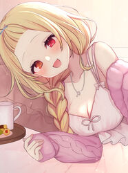  absurdres bangs_pinned_back bare_shoulders blonde_hair blush braid breasts camisole checkerboard_cookie cleavage collarbone commentary_request cookie cup female food forehead heterochromia highres hoshikawa_sara hoshikawa_sara_(7th_costume) jacket jewelry long_sleeves looking_at_viewer lying medium_breasts necklace nijisanji off_shoulder official_alternate_costume official_alternate_hairstyle oguraponti on_side open_clothes open_jacket open_mouth orange_eyes pink_jacket red_eyes single_braid sleeves_past_wrists smile solo sweets tray upper_body virtual_youtuber white_camisole 