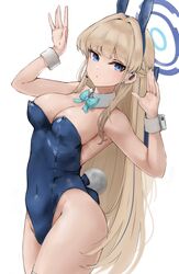  absurdres animal_ears aqua_bow aqua_bowtie blonde_hair blue_archive blue_eyes blue_hair blue_hairband blue_halo blue_leotard bow bowtie braid breasts cleavage detached_collar earpiece fake_animal_ears fake_tail female groin hairband half_up_braid halo highleg highleg_leotard highres lamp_p9 leotard long_hair looking_at_viewer medium_breasts multicolored_hair official_alternate_costume playboy_bunny rabbit_ears rabbit_tail solo strapless strapless_leotard streaked_hair tail thighs toki_(blue_archive) toki_(bunny)_(blue_archive) wrist_cuffs 