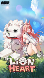  1other @_@ animal_collar animal_ear_fluff animal_ears armpits bare_shoulders bike_shorts blue_sky blush breasts cloud collar day detached_sleeves female goddess_of_victory:_nikke grass hair_between_eyes hair_intakes highres knees_up large_breasts leona_(nikke) lion long_hair mikan03_26 nervous official_art outdoors pink_hair shirt sideboob sidelocks sitting sky snot sun sunlight tail timi_(nikke) white_shirt yellow_eyes zipper 