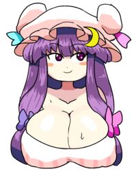  blush bow breasts cleavage covered_nipples crescent crescent_hair_ornament crescent_hat_ornament crescent_pin dress embodiment_of_scarlet_devil female hair_ornament hat hat_ornament highres large_breasts long_hair mob_cap notnoe_(dxcl) patchouli_knowledge pink_dress pink_hat puffy_nipples purple_eyes purple_hair ribbon solo striped_clothes striped_dress sweatdrop touhou vertical-striped_clothes vertical-striped_dress zun_(style) 