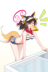  ^_^ absurdres animal_ears arm_support ass bent_over bikini black_hair blue_archive breasts cleavage closed_eyes commentary epitaph_(ryaf8834) eyeshadow female fox_ears fox_girl fox_tail hair_between_eyes hair_ornament halo happy highres izuna_(blue_archive) izuna_(swimsuit)_(blue_archive) makeup medium_hair mouth_hold navel official_alternate_costume package pink_halo red_scarf refrigerator revision scarf short_shorts shorts sidelocks simple_background sleeveless smile solo stomach striped_bikini striped_clothes swimsuit tail visor_cap 