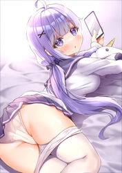  absurdres ahoge ass azur_lane bed_sheet blunt_bangs butt_crack cellphone classic_(zildjian33) clothes_pull commentary female from_behind hair_ornament hair_scrunchie highres holding holding_phone hugging_doll hugging_object long_hair long_sleeves looking_at_viewer looking_back low_twintails lying on_stomach panties pantyhose pantyhose_pull pantyshot phone pleated_skirt purple_eyes purple_hair revision school_uniform scrunchie serafuku sidelocks skirt smartphone smile solo stuffed_animal stuffed_toy stuffed_winged_unicorn twintails twisted_torso underwear unicorn_(azur_lane) unicorn_(long-awaited_date)_(azur_lane) white_panties white_pantyhose x_hair_ornament 