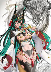  absurdres asymmetrical_gloves black_dress black_gloves black_hair black_thighhighs breast_cutout breasts chinese_clothes closed_mouth clothing_cutout colored_inner_hair commentary covered_navel dated detached_sleeves dragon dragon_girl dragon_horns draph dress eastern_dragon female fingerless_gloves gloves granblue_fantasy green_eyes green_hair hair_ornament highres horn_ornament horns large_breasts legendpoon long_hair looking_at_viewer mismatched_gloves mole mole_under_mouth multicolored_eyes multicolored_hair navel new_year partially_fingerless_gloves payila_(granblue_fantasy) pelvic_curtain pointy_ears red_eyes see-through see-through_dress signature simple_background smile solo stomach_cutout tassel tassel_hair_ornament thighhighs tuanshan two-tone_eyes white_gloves white_sleeves wide_sleeves 