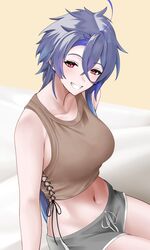  azur_lane bare_arms bare_shoulders blush breasts commentary crop_top female foch_(azur_lane) grey_shorts grey_tank_top grin highres jakqbigone large_breasts long_hair looking_at_viewer midriff navel pink_eyes purple_hair short_shorts shorts sitting smile solo stomach tank_top very_long_hair 