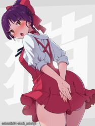  ass blush boris_(noborhys) bow breasts dress female gegege_no_kitarou hair_bun hairbow highres looking_at_viewer looking_back nekomusume nekomusume_(gegege_no_kitarou_6) open_mouth pointy_ears purple_hair red_bow red_dress shirt short_hair single_hair_bun sleeves_rolled_up small_breasts solo thighs white_shirt yellow_eyes 