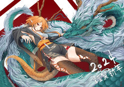  2024 absurdres antlers backless_dress backless_outfit black_dress breasts chest_sarashi chinese_zodiac commentary_request cross-laced_clothes cross-laced_dress cross-laced_legwear dragon dragon_girl dress eastern_dragon female green_scales highres horns long_hair medium_breasts new_year orange_hair original partial_commentary red_eyes sarashi scales short_dress side_slit ssrkma thighhighs underboob wide_sleeves year_of_the_dragon 