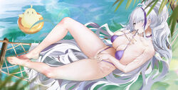  absurdres azur_lane barefoot bikini breasts choker cleavage feet female floating hair_over_one_eye hammock hand_on_own_crotch high_ponytail highleg highleg_bikini highres huge_breasts innertube legs long_hair looking_at_viewer manjuu_(azur_lane) mouth_hold multicolored_hair official_alternate_costume purple_bikini purple_choker purple_hair streaked_hair swim_ring swimsuit thighs toenails toes two-tone_bikini undone_bikini untied_bikini_top unzen_(azur_lane) unzen_(sojourn_through_clear_seas)_(azur_lane) wet yaomiaomiao 