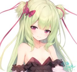  2023 adapted_costume armpit_crease bare_shoulders black_zack blurry blush bow breasts closed_mouth collarbone commentary dated depth_of_field detached_sleeves female frilled_sleeves frills green_hair hair_between_eyes hair_ribbon hairbow highres long_hair looking_at_viewer murasame_(senren) no_bra red_bow red_eyes red_ribbon ribbon senren_banka sidelocks signature simple_background small_breasts smile solo split_mouth straight_hair two_side_up upper_body white_background 