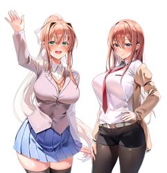  2girls absurdres alternate_breast_size arm_at_side arm_up belt belt_buckle black_pantyhose black_shorts blazer blue_eyes blue_skirt blush breasts brown_hair brown_jacket buckle closed_mouth collared_shirt commission curvy doki_doki_literature_club english_commentary green_eyes hair_between_eyes hair_ornament hair_ribbon hand_on_own_hip high_ponytail highres jacket large_breasts long_hair long_sleeves machulanko makise_kurisu miniskirt monika_(doki_doki_literature_club) multiple_girls necktie open_mouth orange_sweater orange_vest over-kneehighs pantyhose pleated_skirt ponytail red_necktie ribbon school_uniform shirt shorts simple_background skin_tight skirt smile steins;gate straight_hair sweater teeth thick_thighs thighhighs thighs tongue upper_teeth_only very_long_hair vest waving white_background white_ribbon white_shirt wing_collar 