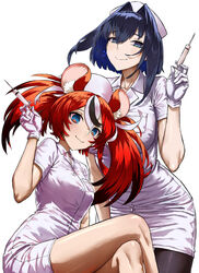  2girls alternate_costume animal_ears bare_legs black_hair blue_eyes blue_hair bow bow_earrings breasts crossed_legs dress earrings gloves hair_intakes hakos_baelz haraya_manawari hat holding holding_syringe hololive hololive_english jewelry large_breasts looking_at_viewer mouse_ears mouse_girl multicolored_hair multiple_girls nurse nurse_cap ouro_kronii pantyhose red_hair short_hair smile streaked_hair syringe twintails virtual_youtuber white_gloves white_hair 