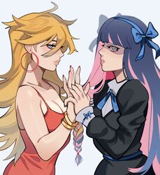  2girls absurdres bare_arms bare_shoulders black_dress blonde_hair blue_bow blue_eyes blue_hairband blue_ribbon bow braid breasts cleavage dress earrings from_side grey_background hairband hairbow highres holding_hands hoop_earrings interlocked_fingers jewelry juliet_sleeves large_breasts long_hair long_sleeves multicolored_hair multiple_girls panty_&amp;_stocking_with_garterbelt panty_(psg) pink_hair porqueloin profile puffy_sleeves red_dress ribbon siblings simple_background sisters stocking_(psg) two-tone_hair upper_body 