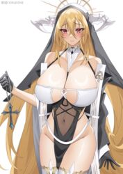  absurdres artist_name azur_lane bare_shoulders black_gloves blonde_hair breast_cutout breasts cleavage covered_navel cowboy_shot cross fake_horns female gloves habit hair_between_eyes half_gloves heiyu_corleone highres holding holding_cross horns huge_breasts implacable_(azur_lane) long_hair looking_at_viewer no_panties nun pelvic_curtain red_eyes revealing_clothes see-through simple_background skindentation solo thighhighs very_long_hair white_horns white_thighhighs 