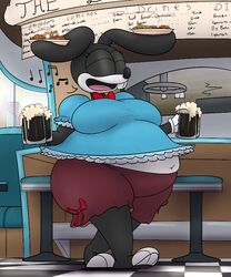  2019 5:6 anthro barefoot beer_mug belly beverage big_belly big_breasts black_body black_ears black_fur black_nose black_text blue_clothing blue_dress blue_stool blue_topwear bottomwear bow_tie breasts buckteeth closed_eyes clothed clothed_anthro clothed_female clothing container counter countershade_face countershade_fur countershade_torso countershading currency_amount currency_symbol digital_drawing_(artwork) digital_media_(artwork) diner dress english_text eyelashes feet female female_anthro floor food fries front_view full-length_portrait fur furniture glass glass_container glass_mug gloves handwear inside lagomorph leporid mammal menu midriff musical_instrument navel obese obese_anthro obese_female open_mouth open_smile overweight overweight_anthro overweight_female portrait prehensile_ears pretzel_(food) rabbit rabbit_ears red_bottomwear red_bow_tie red_clothing red_shorts restaurant root_beer shorts simple_background singing smile soda solo stool symbol teeth text thatoneaceguy thick_thighs tile tile_floor toes topwear waiter walking white_background white_body white_clothing white_countershading white_gloves white_handwear white_toes 