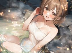  arm_up bathing blurry breasts brown_eyes brown_hair cleavage collarbone depth_of_field female hair_between_eyes highres long_hair looking_at_viewer medium_breasts naked_towel night non-web_source onsen open_mouth original rock shiitake_taishi sitting smile solo steam teeth towel upper_teeth_only water wet 