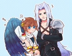  age_difference angel blue_eyes blush brown_hair butanchu0426 clothing crossed_arms crossover duo feathered_wings feathers final_fantasy final_fantasy_vii green_eyes hair hi_res humanoid kid_icarus light_body light_skin long_hair looking_at_viewer male nintendo not_furry older_male pit_(kid_icarus) sephiroth_(final_fantasy_vii) silver_hair simple_background sitting smile square_enix winged_humanoid wings younger_male 