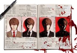  1boy age_progression black_necktie blazer blood book brown_eyes colored_sclera death_note death_note_(object) drop_shadow english_commentary face_in_shadow hair_between_eyes highres jacket looking_at_viewer male_focus mismatched_sclera necktie no_humans open_book pen photo_(object) portrait_(object) red_necktie red_sclera school_uniform short_hair simple_background split_theme still_life straight-on translation_request vonlight white_background yagami_light 