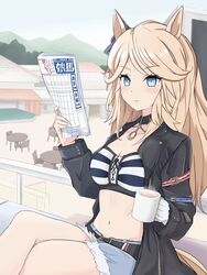  animal_ears bandeau black_jacket blonde_hair blue_eyes bow breasts cleavage coffee_mug cup denim denim_shorts ear_bow female from_side funamori gold_city_(umamusume) highres holding holding_cup holding_newspaper horse_ears horse_girl jacket long_hair long_sleeves looking_at_viewer medium_breasts midriff mug navel newspaper open_clothes open_jacket short_shorts shorts solo strapless tube_top umamusume 