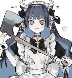  :3 apron axe black_bow black_bowtie black_choker black_hair black_nails blue_bra blue_eyes blue_hair blush bow bowtie bra choker closed_mouth colored_inner_hair detached_sleeves dot_nose female frilled_apron frills front-tie_bra hairbow halo highres holding holding_axe inu_totemo long_hair looking_at_viewer maid maid_headdress multicolored_hair nail_polish o-ring o-ring_choker original pendant_choker puffy_short_sleeves puffy_sleeves ribbon short_sleeves simple_background smile solo straight-on striped_bra striped_choker striped_clothes two-tone_hair underwear undone_bra upper_body very_long_hair white_apron white_background white_ribbon wrist_cuffs 