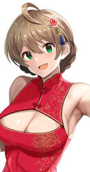  ahoge armpits baji_toufuu_(bajitohfu) bare_shoulders blush braid breasts brown_hair china_dress chinese_clothes cleavage cleavage_cutout clothing_cutout collarbone dress eyelashes female floral_print flower gold_trim green_eyes hair_between_eyes hair_flower hair_ornament highres idolmaster idolmaster_million_live! large_breasts looking_at_viewer medium_hair open_mouth red_dress sakuramori_kaori sidelocks simple_background sleeveless sleeveless_dress solo tassel upper_body white_background 