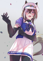  absurdres adapted_costume animal_ears black_gloves black_pantyhose bow brown_hair cheval_grand_(umamusume) commentary_request cowboy_shot doushi_tatsu_to_dekkai_no ear_covers elbow_gloves female gloves grey_background hair_between_eyes hat highres horse_ears horse_girl horse_tail looking_at_viewer multicolored_hair open_mouth pantyhose peaked_cap petticoat pleated_skirt puffy_short_sleeves puffy_sleeves purple_bow purple_shirt sailor_collar school_uniform shirt short_sleeves simple_background skirt solo streaked_hair summer_uniform tail tracen_school_uniform umamusume white_hair white_hat white_skirt 