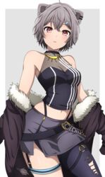  absurdres ahoge animal_ears bang_dream! bang_dream!_it&#039;s_mygo!!!!! black_jacket black_skirt breasts brown_hair cleavage commentary cosplay cropped_shirt female fur-trimmed_jacket fur_trim grey_hair hair_ornament hairpin highleg highleg_panties highres hololive jacket lion_ears looking_at_viewer medium_breasts navel noshimurin panties pantyhose shirt shishiro_botan shishiro_botan_(1st_costume) shishiro_botan_(cosplay) single_leg_pantyhose skirt sleeveless sleeveless_shirt solo tail takamatsu_tomori thigh_strap torn_clothes torn_pantyhose underwear virtual_youtuber 