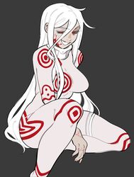  absurdres black_background blood blood_on_face bodysuit breasts deadman_wonderland female grin hair_between_eyes highres large_breasts long_hair looking_at_viewer nail_polish pink_nails porqueloin red_eyes shiro_(deadman_wonderland) simple_background sitting smile solo teeth white_hair 