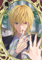  1boy absurdres against_glass black_jacket black_necktie blonde_hair blood blood_on_face broken_mirror brown_eyes bug chains collared_shirt crack cracked_glass earrings eyeball fingernails frown gem hair_between_eyes heterochromia highres hunter_x_hunter jacket jewelry kurapika liquid long_sleeves looking_at_viewer male_focus minato_x3710 mirror multiple_rings necktie pairo pov pov_hands red_eyes red_gemstone ring shirt short_hair signature single_earring solo spider split_theme suit tube upper_body white_shirt wiping_blood 