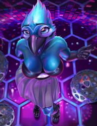  anthro avian bird blue_jay bottomwear breasts catpumpkin clothing corvid disco female footwear happy hi_res high_heels jay_(bird) multiple_versions new_world_jay oscine party passerine pink_light skirt solo version_sfw viewed_from_above 