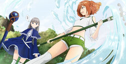  2girls :d abe_kanari belt bloomers blue_capelet blue_dress blue_eyes boots braid brown_hair capelet clothing_cutout commentary_request dress forest frilled_capelet frilled_dress frills green_shorts grey_hair half_updo highres holding holding_staff kanne_(sousou_no_frieren) lawine_(sousou_no_frieren) light_frown long_hair looking_at_another looking_to_the_side magic midriff multiple_girls nature navel outdoors profile short_hair short_shorts shorts shoulder_cutout sideways_glance sky smile sousou_no_frieren staff thigh_boots thought_bubble two_side_up underwear water white_bloomers wind wind_lift 