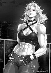  abs against_railing artist_name breasts choker cityscape cleavage commentary denim dorohedoro english_commentary female fingerless_gloves gloves greyscale highres jeans leaning_back long_hair medium_breasts monochrome muscular muscular_female night night_sky noi_(dorohedoro) pants railing red_eyes robusta_mania sky solo spot_color tank_top white_hair 