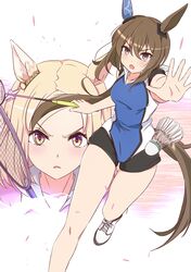  2girls absurdres admire_vega_(umamusume) animal_ears badminton badminton_racket blonde_hair brown_hair ear_covers funamori hanebado! highres holding holding_racket horse_ears horse_girl horse_tail long_hair looking_at_viewer low_ponytail multiple_girls narita_top_road_(umamusume) parted_bangs purple_eyes racket short_hair single_ear_cover sportswear tail umamusume white_footwear 