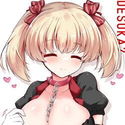  ^_^ belt_collar blush bow breasts chain_leash chains cleavage close-up closed_eyes closed_mouth collar commentary commission drop_shadow facing_viewer female hair_between_eyes hairbow hakutocake heart highres huge_breasts kore_wa_zombie_desu_ka? kyouko_(korezom) leash light_brown_hair medium_hair puffy_short_sleeves puffy_sleeves red_bow short_sleeves simple_background skeb_commission smile solo split_mouth twintails white_background 