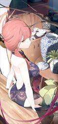  absurdres alternate_costume aru_(blue_archive) ass back backless_dress backless_outfit bare_back black_dress blue_archive breasts brown_horns china_dress chinese_clothes closed_mouth demon_horns dress female halo highres horns indoors large_breasts long_hair pink_hair pink_halo plant potted_plant profile qinghua_(porcelain) revision ryeon_(bluetom1) sitting sleeveless sleeveless_dress solo teeth vase yellow_eyes 