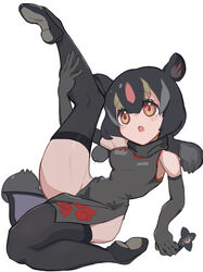  animal_ears aye-aye_(kemono_friends) bare_shoulders black_dress black_hair black_thighhighs china_dress chinese_clothes dress extra_ears female full_body highres kemono_friends kneepits kunikuni_(kunihiro2005) long_hair looking_at_viewer monkey_girl monkey_tail ninja red_eyes shoes shuriken simple_background solo tail thighhighs weapon 