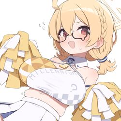  ahoge bare_shoulders black-framed_eyewear blonde_hair blue_archive blush braid breasts checkered_clothes cheerleader cleavage collarbone commentary_request cowboy_shot dutch_angle female flying_sweatdrops gamuo glasses halo kotori_(blue_archive) kotori_(cheer_squad)_(blue_archive) large_breasts low_twintails midriff millennium_cheerleader_outfit_(blue_archive) navel official_alternate_costume open_mouth pleated_skirt plump red_eyes semi-rimless_eyewear short_hair simple_background single_braid skirt smile solo teardrop-framed_glasses triangle_print twintails under-rim_eyewear white_background white_skirt yellow_halo 