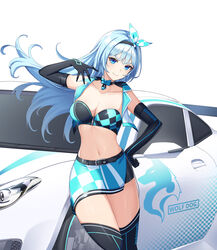  arm_up bandeau bare_shoulders black_gloves black_shirt black_thighhighs blue_eyes blue_hair blue_skirt bow bowtie breasts car choker cleavage closed_mouth closers cowboy_shot crop_top cropped_vest elbow_gloves female floating_hair gloves hairband highres large_breasts long_hair looking_at_viewer midriff miniskirt motor_vehicle navel non-web_source official_art open_clothes open_vest race_queen race_vehicle racecar shirt side_slit skirt smile solo standing stomach strapless thighhighs thighs tube_top v-shaped_eyebrows vest violet_(closers) white_vest wing_collar zettai_ryouiki 