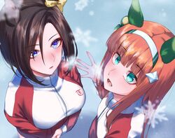  2girls air_groove_(umamusume) animal_ears aqua_eyes blue_eyes blush bow brown_hair ear_bow from_above hair_ornament hairband hairclip highres horse_ears horse_girl jacket large_pectorals long_hair looking_up multiple_girls open_mouth orange_hair pectorals red_jacket red_track_suit short_hair silence_suzuka_(umamusume) snowflakes sugamo_(rainysnowy108) tracen_training_uniform track_jacket umamusume white_hairband 