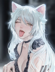  animal_ears bakeneko barbed_tongue black_bra black_choker black_hanekawa blurry blurry_background bra breasts cat_ears cat_girl choker cleavage commentary_request duplicate female hair_between_eyes hanekawa_tsubasa highres large_breasts lips long_hair looking_at_viewer monogatari_(series) nekomonogatari one_eye_closed open_mouth pixel-perfect_duplicate solipsist solo tongue tongue_out underwear upper_body very_long_hair white_hair yellow_eyes 