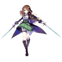  benghuai_xueyuan boots brown_hair dual_wielding elsa_lopez_(benghuai_xueyuan) female full_body gloves green_eyes hair_ornament hairclip holding holding_sword holding_weapon honkai_(series) official_art simple_background skirt sword tachi-e thigh_strap third-party_source transparent_background weapon 