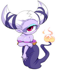  bare_shoulders blush breasts cleavage colored_skin cyclops female flame-tipped_tail floating fuumin_(youkai_watch) hair_horns large_breasts looking_at_viewer monster_girl nollety off_shoulder one-eyed pink_eyes pointy_ears purple_skin simple_background smile white_background white_hair youkai_(youkai_watch) youkai_watch 