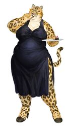  2024 absurd_res anthro black_clothing black_dress black_spots breasts cettus cleavage clothed clothing dress eating felid female food footwear fully_clothed fur hi_res high_heels holding_object holding_plate ilse_lemaire leopard mammal markings overweight overweight_anthro overweight_female pantherine shoes simple_background solo spots spotted_body spotted_fur standing sucking tail thumb_suck white_background yellow_body yellow_fur 