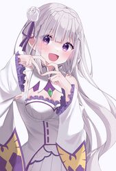  :d blush braid breasts cleavage commentary_request cowboy_shot crown_braid dress emilia_(re:zero) female flower frilled_sleeves frills gem green_gemstone hair_flower hair_ornament hair_ribbon highres long_hair long_sleeves looking_at_viewer maria_0422 medium_breasts open_mouth purple_eyes purple_ribbon re:zero_kara_hajimeru_isekai_seikatsu ribbon signature simple_background smile solo twitter_username white_background white_flower white_hair wide_sleeves x_hair_ornament 