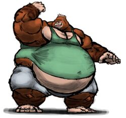  ajax_golia anthro ape belly big_belly brown_body brown_fur chubby_cheeks clothed clothing comerboy75 flexing fur gorilla haplorhine hi_res male mammal moobs musclegut muscular muscular_anthro muscular_male obese obese_anthro obese_male open_mouth open_smile overweight overweight_anthro overweight_male primate simple_background smile solo standing teeth tight_clothing tongue white_background wide_hips 