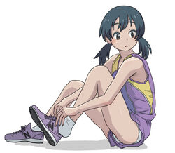  :o black_hair brown_eyes commentary_request eyelashes female full_body highres low_twintails medium_hair open_mouth original panties pantyshot parted_lips purple_footwear shoes short_twintails simple_background sitting socks solo sumiyama track_uniform twintails underwear upshorts white_background white_socks 