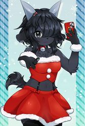  animal_ear_piercing animal_ears animal_nose bell black_eyes black_fur black_hair black_thighhighs blue_bow body_fur bow candy_cane_hair_ornament cellphone choker christmas claws cowboy_shot female food-themed_hair_ornament fur_trim furry furry_female goat_ears goat_girl goat_horns goat_tail hair_ornament hair_over_one_eye highres holding holding_phone horizontal_pupils horns looking_at_viewer methynecros midriff navel neck_bell original outstretched_hand phone pom_pom_(clothes) red_skirt selfie sidelocks skirt smartphone snowflake_background solo thighhighs wrist_cuffs 